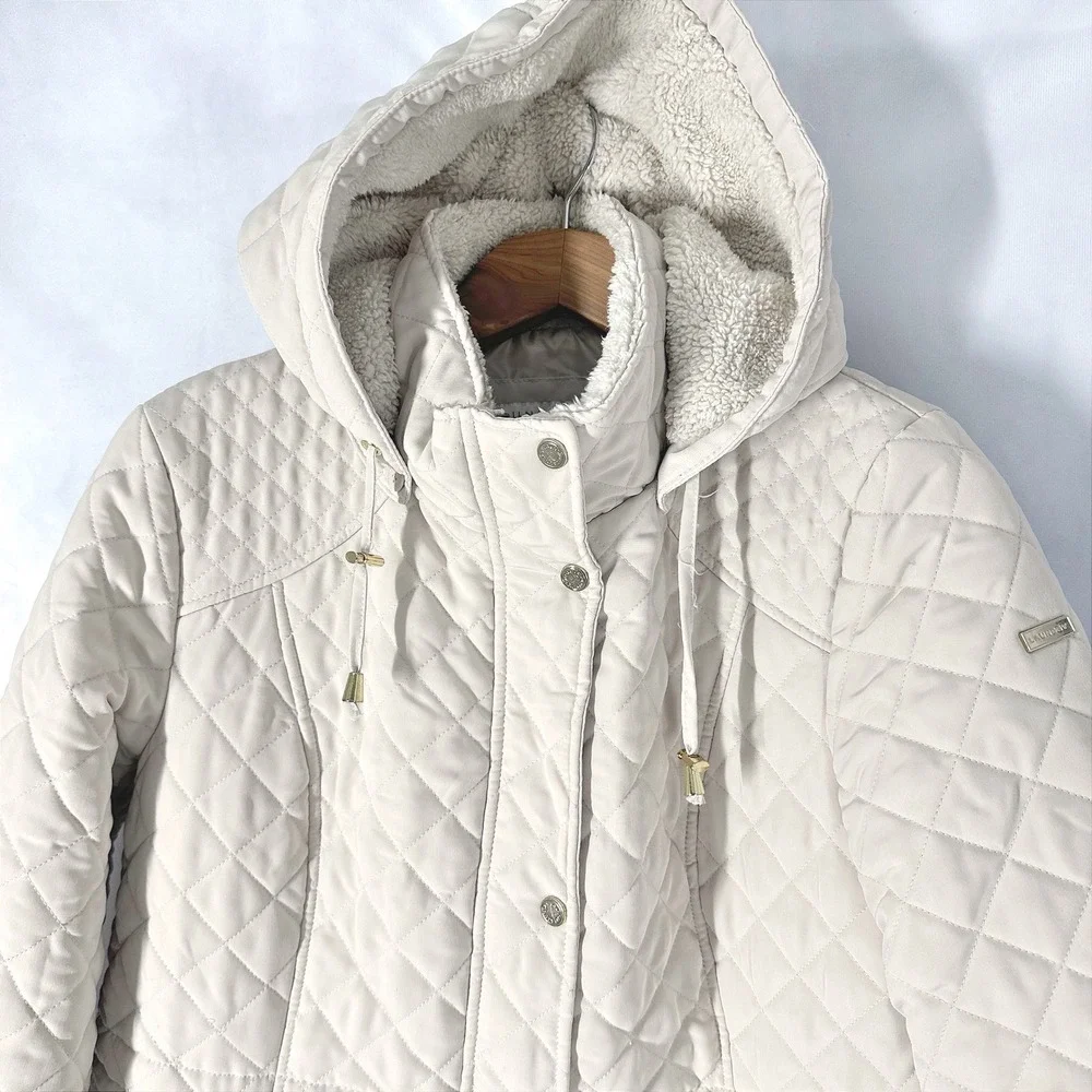 Laundry by Shelli Segal Cream Quilted Hooded Mid-Length Jacket Women's Size XL
